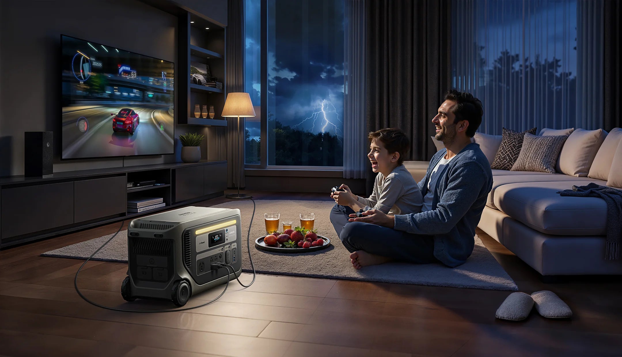 Anker SOLIX F3000 Portable Power Station + BP3000 Expansion Battery | 3,600W Power Output and 6,144Wh Battery Storage A man and boy play video games in a cozy living room during a thunderstorm, powered by the Anker SOLIX F3000 Portable Power Station (3,600W output, 3,072Wh storage), keeping their TV and console running as snacks and drinks wait on a tray nearby.