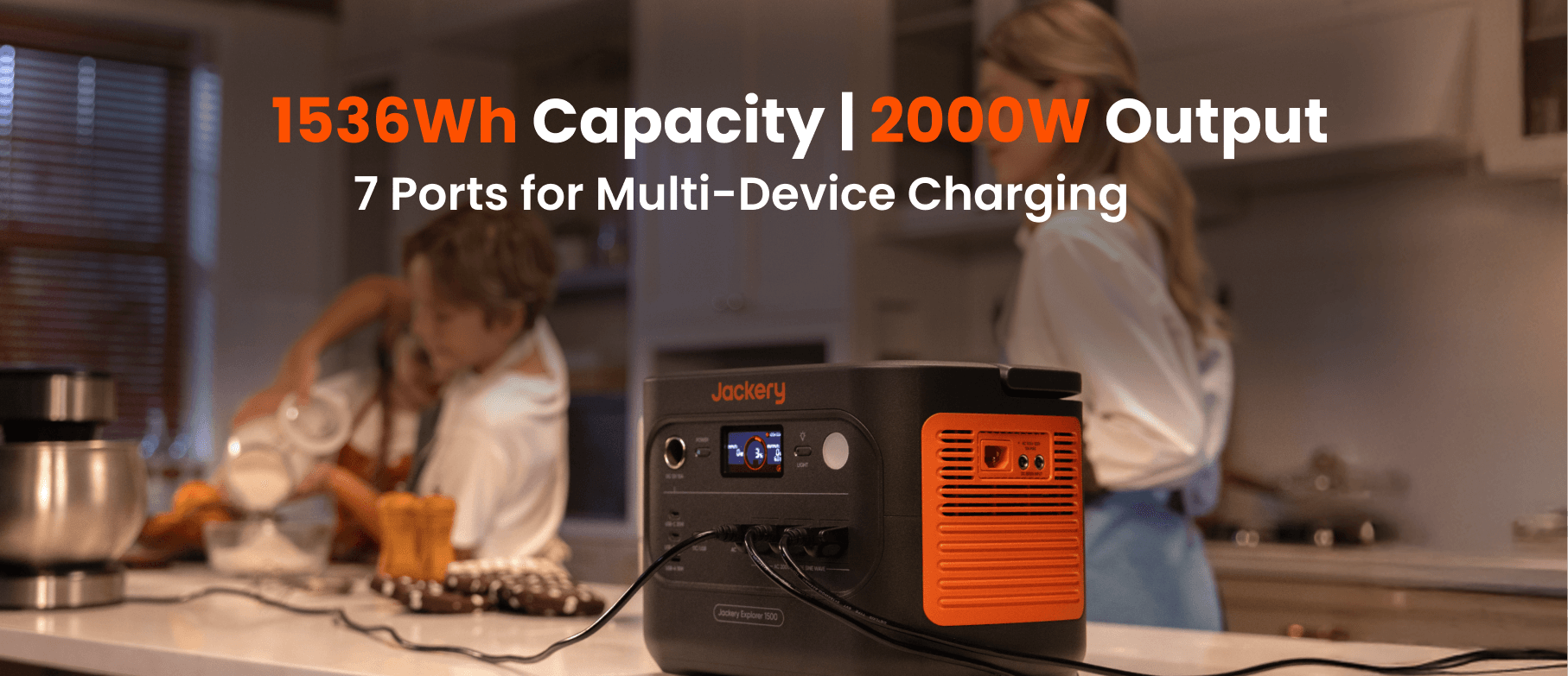 Jackery Solar Generator 1500 v2 | 1,536Wh 2,000W Power Station + 2x SolarSaga 100 Air Jackery Explorer 1500 v2 1536Wh capacity and 2000W output in a kitchen
