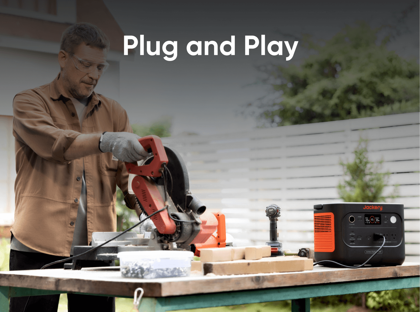 Jackery Solar Generator 1500 v2 | 1,536Wh 2,000W Power Station + 2x SolarSaga 100 Air Jackery Explorer 1500 v2 powering a miter saw