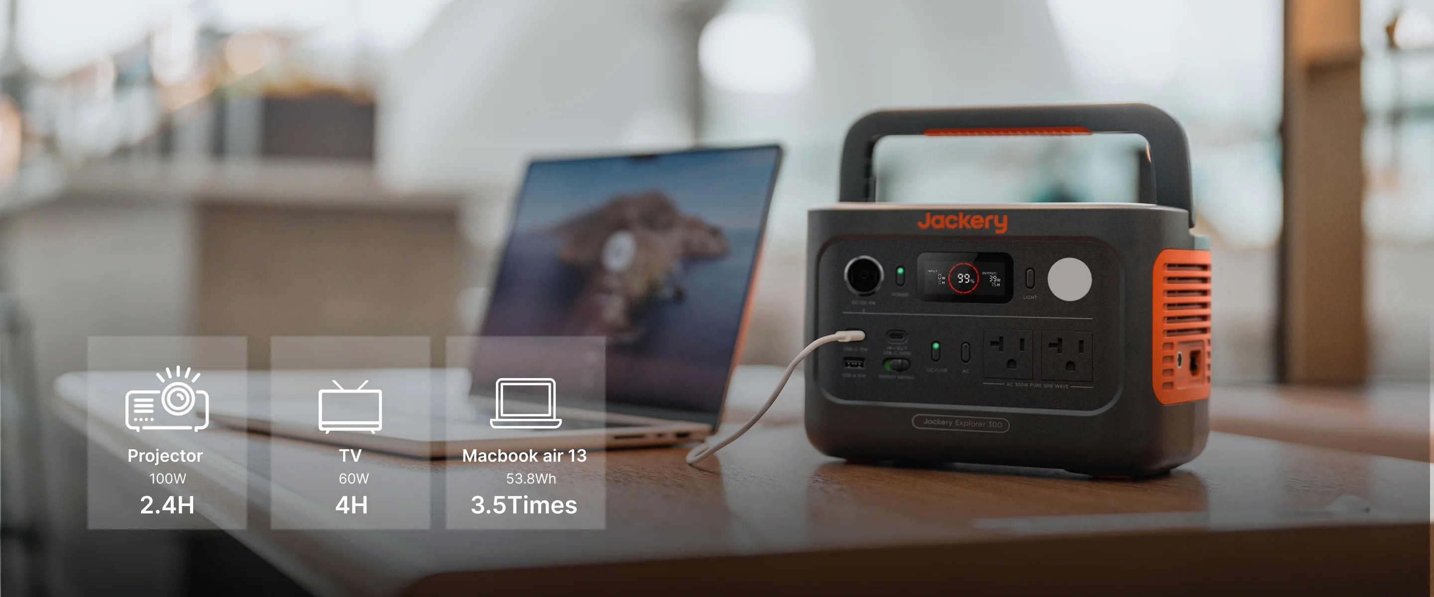 Jackery Explorer 300 v2 powering a laptop and projector