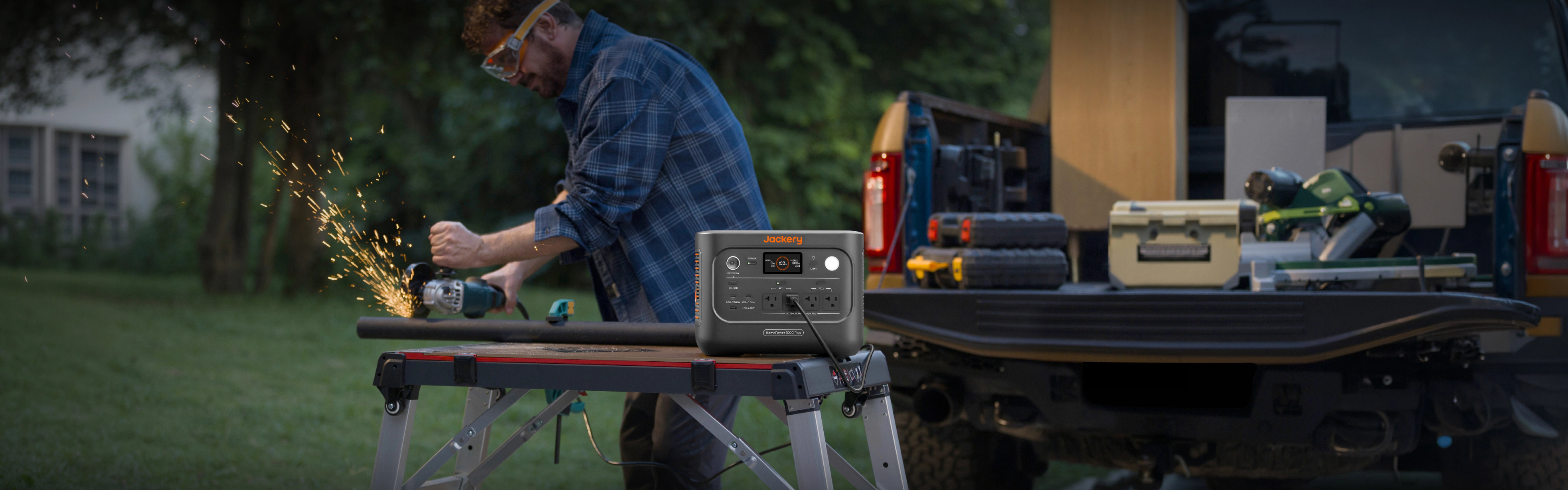 Jackery HomePower 1000 Plus v2 running power tools on a jobsite