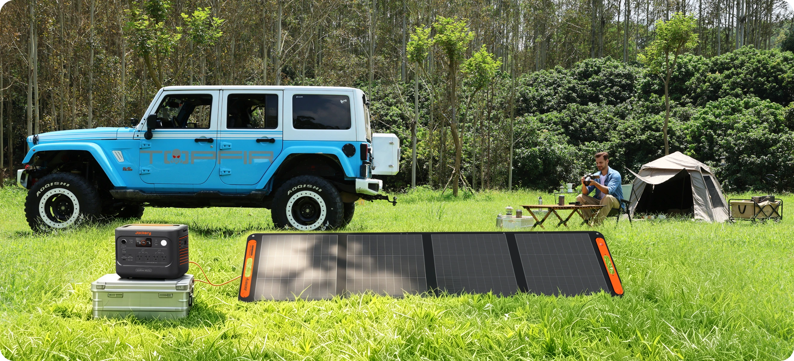 Jackery Solar Generator HomePower 1000 Plus v2 | 1,024Wh 1,800W Power Station + SolarSaga 200W Jackery HomePower 1000 Plus v2 with solar panel at a campsite