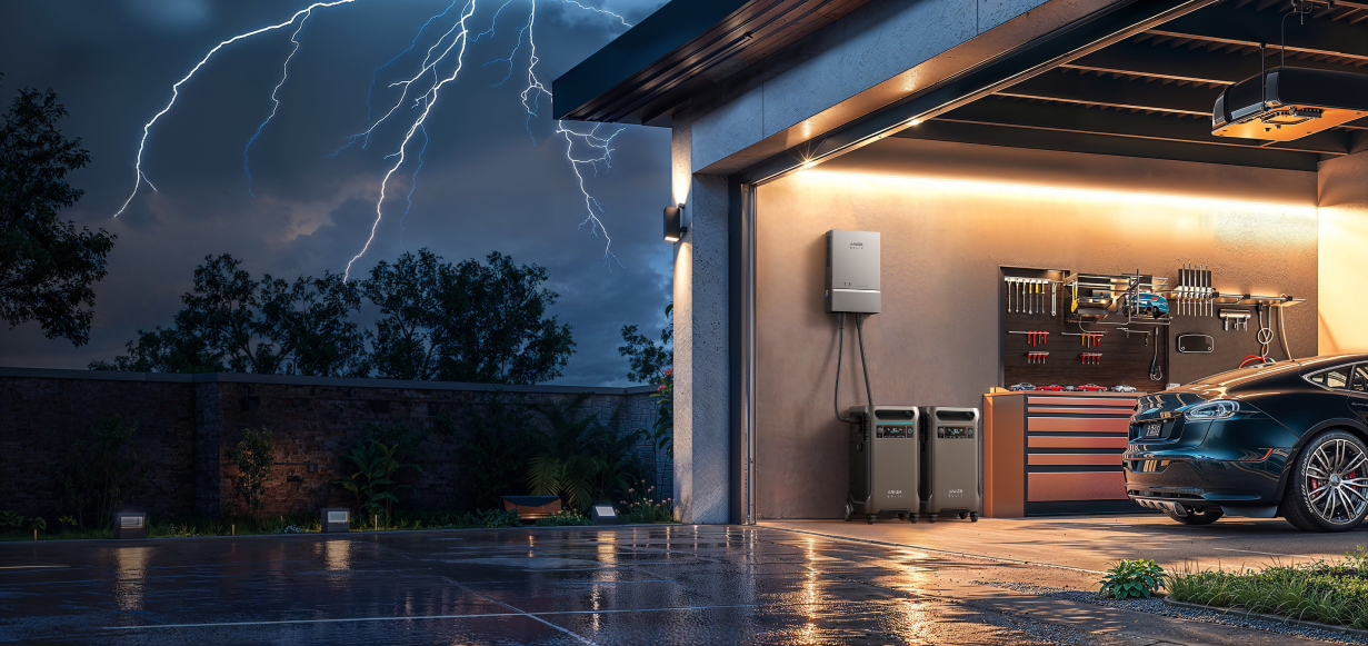 Anker SOLIX F3800 PLUS 12,000W 7.68kWh Portable Power Station with Home Power Panel and Sub Panel A modern garage houses an electric car, tools on a workbench, and the Anker SOLIX F3800 PLUS 12,000W 7.68kWh Portable Power Station with panels from Anker, while rain pours and lightning lights up the night outside.