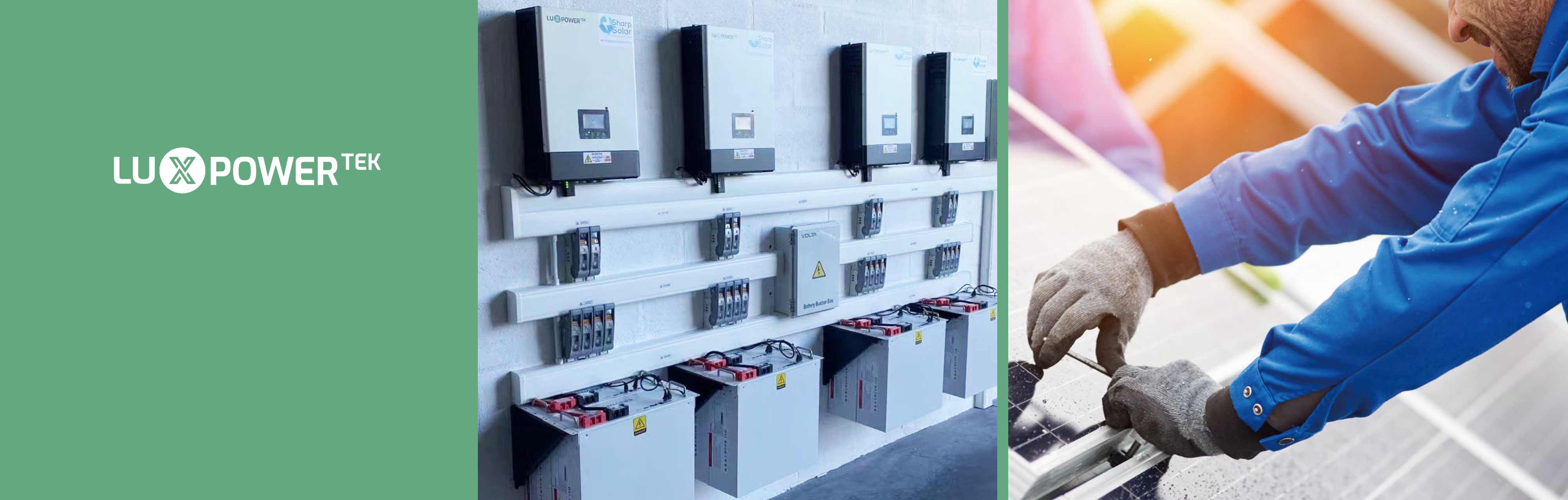 LUXPower 12kW 120V/240V Hybrid Inverter | UL1741 and IEEE1547 Certified | 10-Year Brand Warranty A row of LUXPower 12kW 120V/240V Hybrid Inverters (UL1741, IEEE1547 Certified, 10-Year Warranty) is mounted on a wall next to battery units; gloved hands install a solar panel with the LUXPower logo on green to the left.