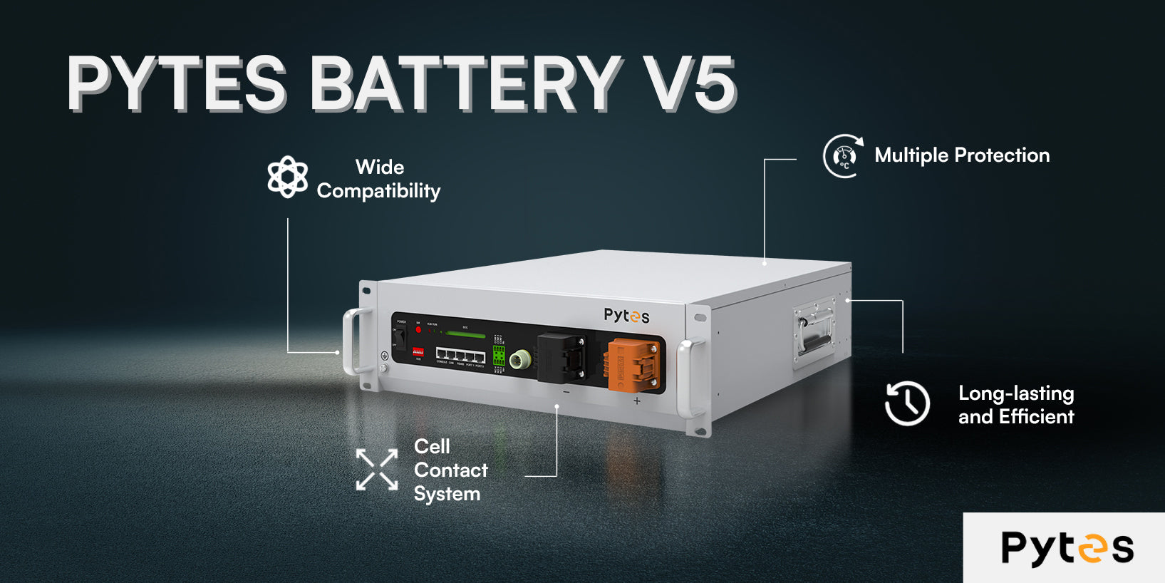 Pytes V5 20.48kWh 51.2V Battery Storage System| LiFePO4, 4×100Ah, 6000+ cycles, Outdoor Cabinet The Pytes V5 LiFePO4 5.12kWh Server Rack Battery (51.2V, 100Ah) features wide solar compatibility, multiple protection, cell contact system, long-lasting efficiency (6000+ cycles), and a 10-year warranty. Pytes logo in bottom right corner.