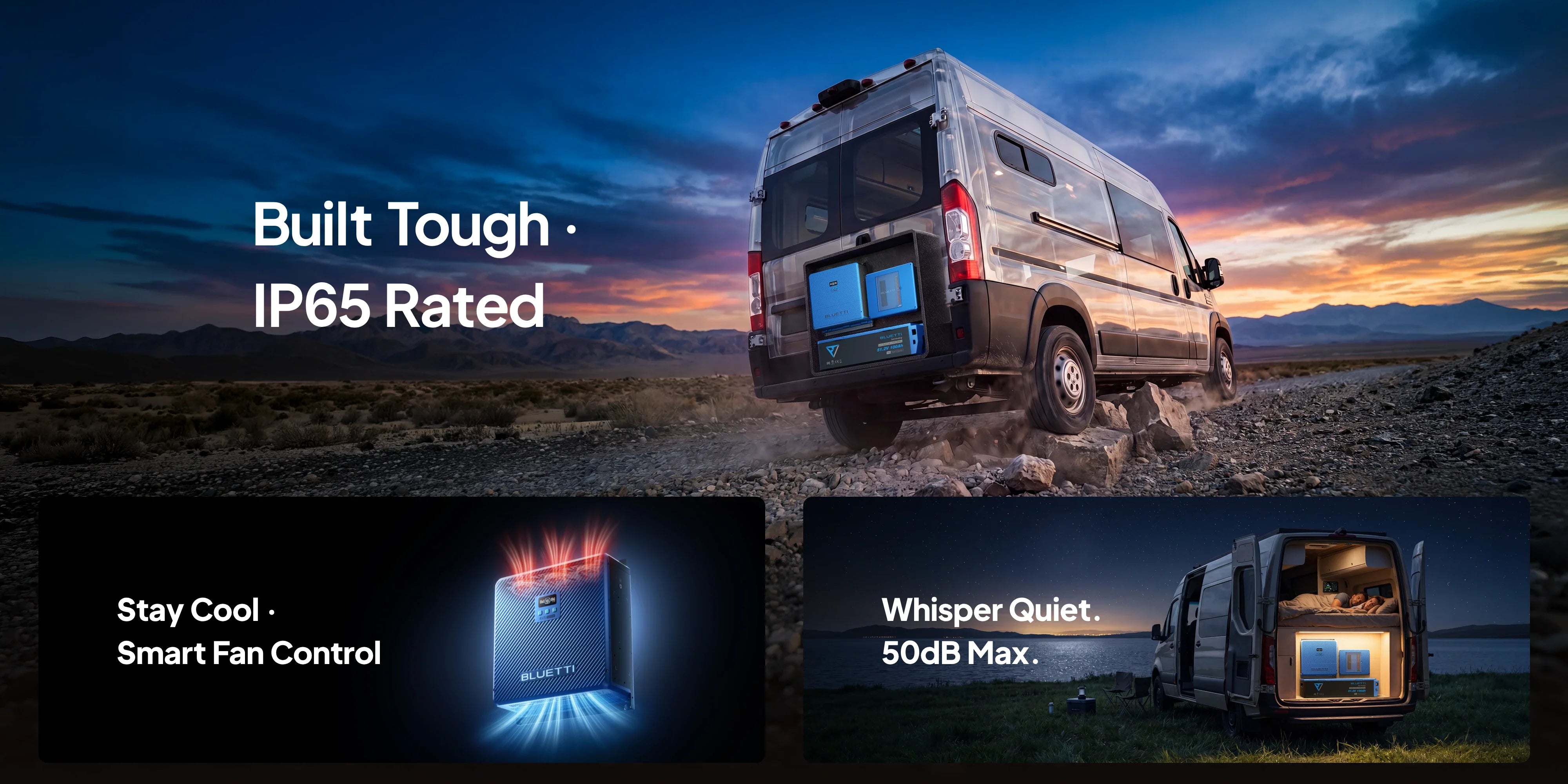 A silver camper van in the desert at sunset, with Bluetti products—including the Bluetti RV5 Power Hub | 5kVa portable power station and RV solar generator—prominently displayed. Text highlights: Built Tough · IP65 Rated, Stay Cool · Smart Fan Control, and Whisper Quiet. 50dB Max.