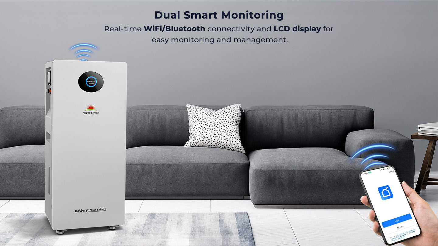 Sungold Power PowerMax 16.07kWh 51.2V 314Ah Outdoor LiFePO4 Energy Storage Battery | UL1973 & UL9540A | CEC Listed PowerMax 314 dual smart monitoring - Wi-Fi/Bluetooth app and LCD touch screen