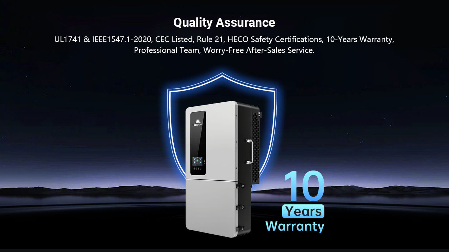 Sungold Power 12kW 48V All-in-One Hybrid Solar Inverter | 200A Whole-Home Backup | 18kW PV SGS-12K18MAX quality assurance - UL1741, IEEE1547.1-2020, CEC listed, Rule 21, HECO, 10-year warranty