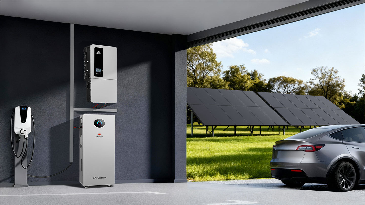 SGS-12K18MAX hybrid inverter and PowerMax battery installed in a garage with EV charger