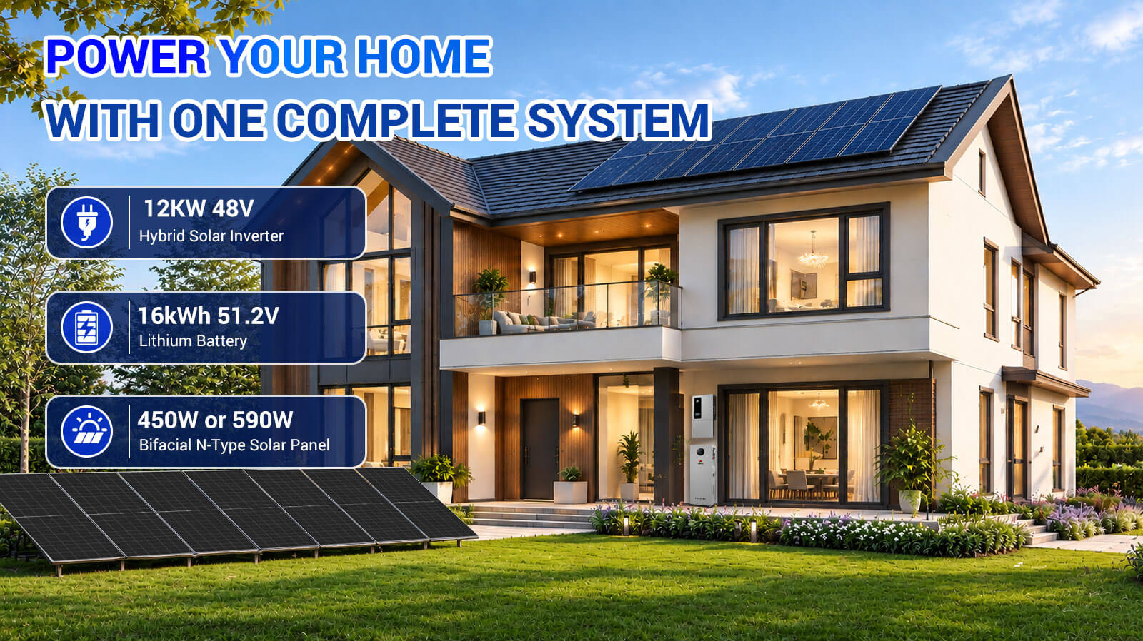 Sungold Power 12kW Hybrid Solar Kit 48V | 20 x 450W Bifacial N-Type Solar Panels + 16.07kWh PowerMax Outdoor Battery | SGS12K-PM1-450 Power your home with one complete system - 12kW 48V hybrid inverter, 16kWh 51.2V lithium battery, 450W bifacial N-type panels