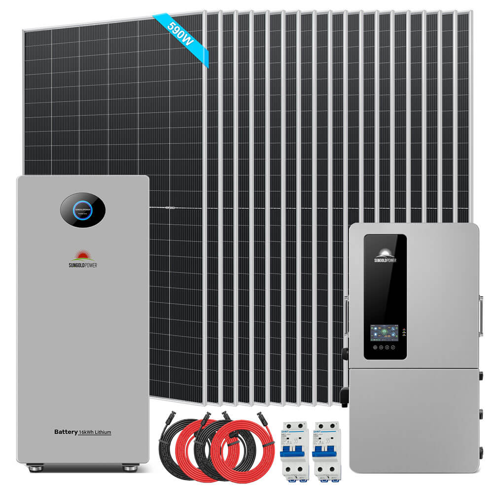 Sungold Power 12kW Hybrid Solar Kit 48V | 18 x 590W Bifacial N-Type Solar Panels + 48.21kWh PowerMax Outdoor Batteries | SGS12K-PM3-590 SGS12K-PM3-590 kit - 18 x 590W bifacial panels, PowerMax 314 outdoor batteries, SGS-12K18MAX inverter, cables and breakers