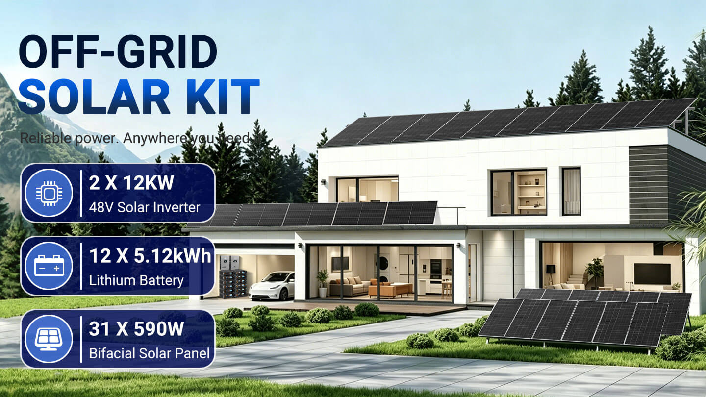 Sungold Power 24kW Off-Grid Solar Kit 48V 120/240V | 61.44kWh CoreX 5 Pro Lithium Battery | 31 x 590W Bifacial Solar Panels | FR-24K60CP Sungold Power FR-24K60CP off-grid solar kit - 2 x 12kW inverters, 12 x 5.12kWh CoreX 5 Pro batteries, 31 x 590W bifacial panels