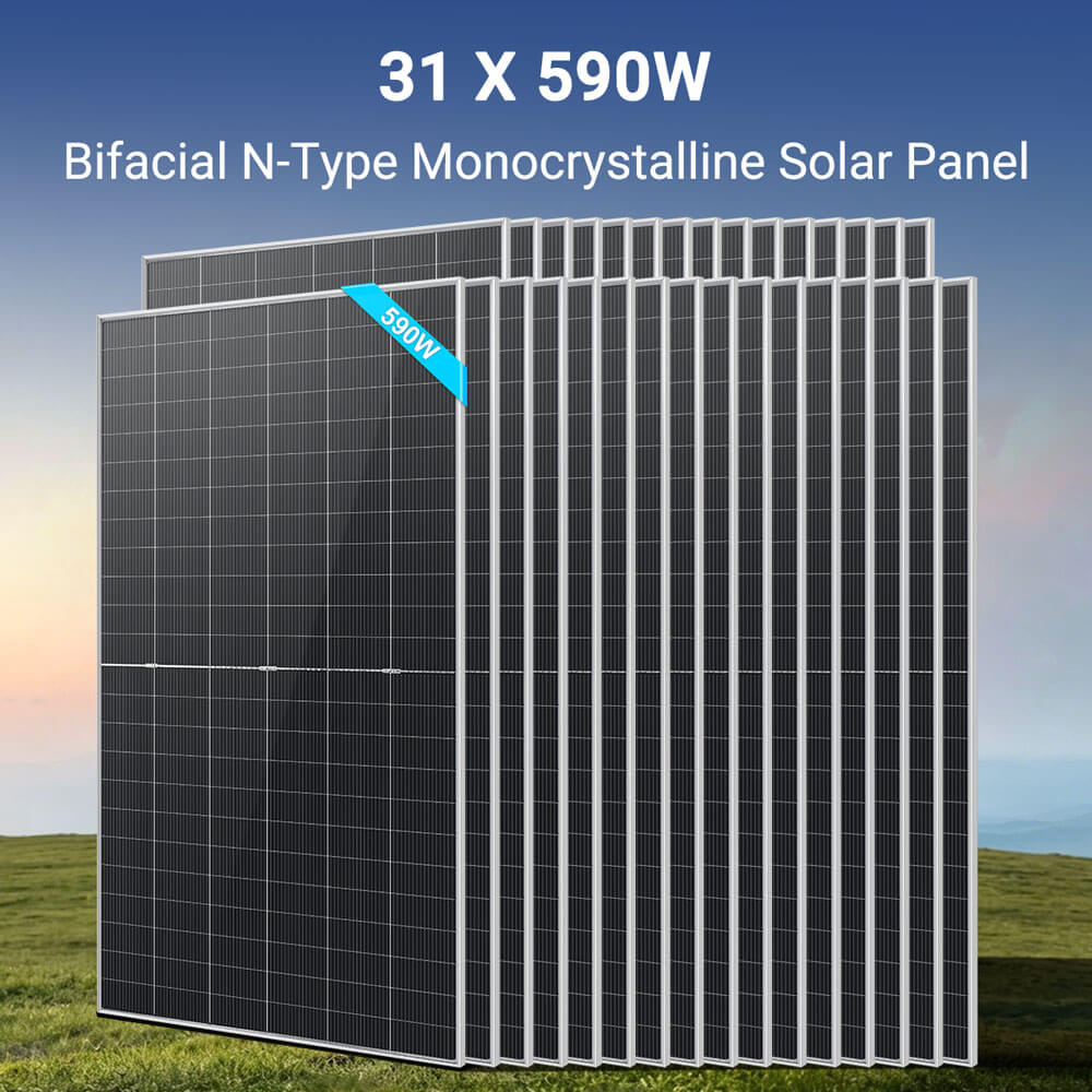 Sungold Power 24kW Off-Grid Solar Kit 48V 120/240V | 61.44kWh CoreX 5 Pro Lithium Battery | 31 x 590W Bifacial Solar Panels | FR-24K60CP 31 x 590W bifacial N-type monocrystalline solar panels