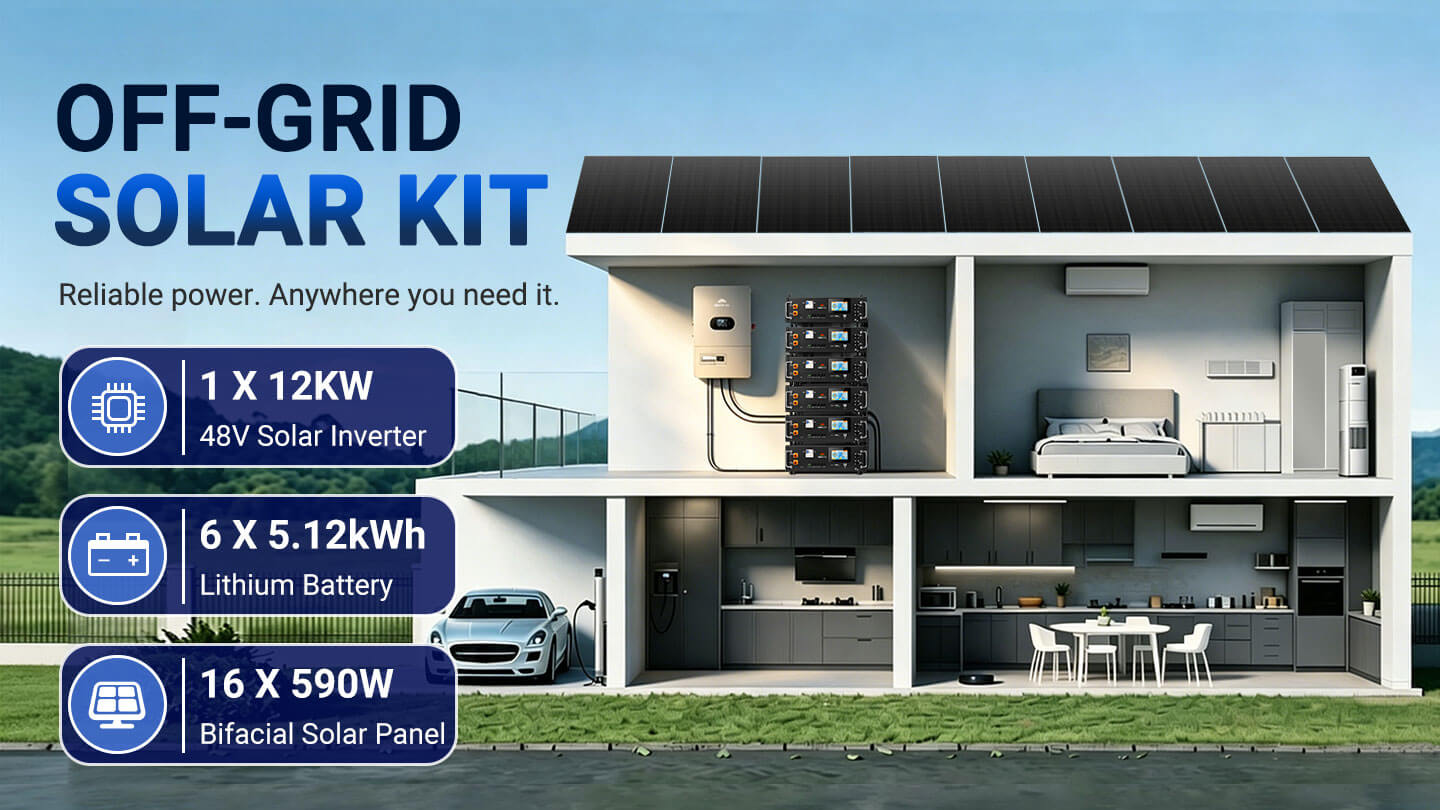 Sungold Power 12kW Off-Grid Solar Kit 48V 120/240V | 30.72kWh CoreX 5 Pro Lithium Battery | 16 x 590W Bifacial Solar Panels | FR-12K30CP Sungold Power FR-12K30CP off-grid solar kit - 12kW inverter, 6 x 5.12kWh CoreX 5 Pro batteries, 16 x 590W bifacial panels