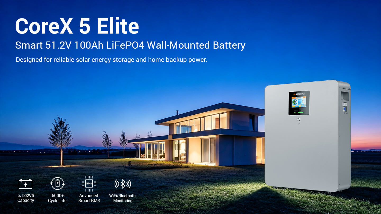 Sungold Power CoreX 5 Elite 5.12kWh Wall-Mounted 48V 100Ah LiFePO4 Residential Battery | Wi-Fi & Bluetooth Sungold Power CoreX 5 Elite smart 51.2V 100Ah LiFePO4 wall-mounted battery