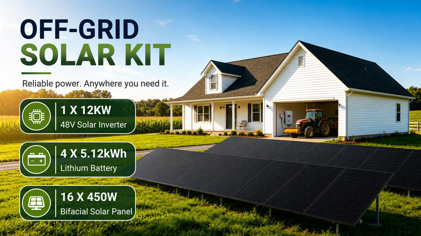 Sungold Power 12kW Off-Grid Solar Kit 48V 120/240V | 20.48kWh CoreX 5 Pro Lithium Battery | 16 x 450W Bifacial Solar Panels | FR-12K20CP Sungold Power FR-12K20CP off-grid solar kit - 12kW inverter, 4 x 5.12kWh CoreX 5 Pro batteries, 16 x 450W bifacial panels
