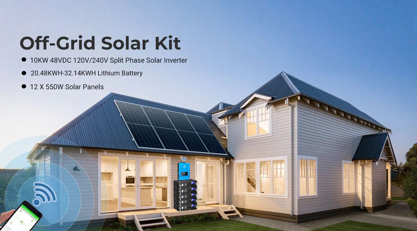 Sungold Power 10kW Off-Grid Solar Kit 48V 120/240V | 32.14kWh PowerMax Outdoor Lithium Battery | 12 x 550W Solar Panels | SGR-10K32P Sungold Power off-grid solar kit - 10kW 48V 120/240V split-phase inverter, 32.14kWh lithium battery, 12 x 550W solar panels