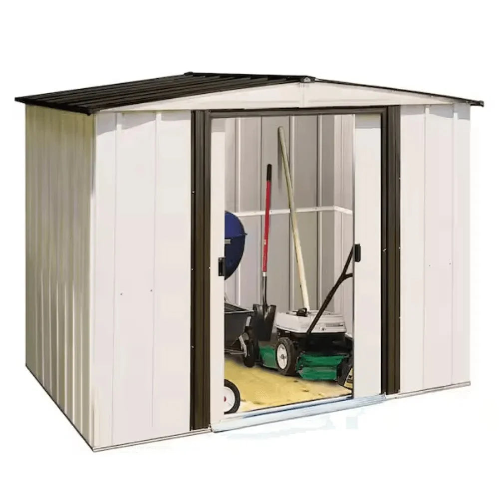 Arrow Newport 8 x 6 ft. Two-Tone Eggshell & Coffee Galvanized Metal Storage Shed with Sliding Lockable Doors