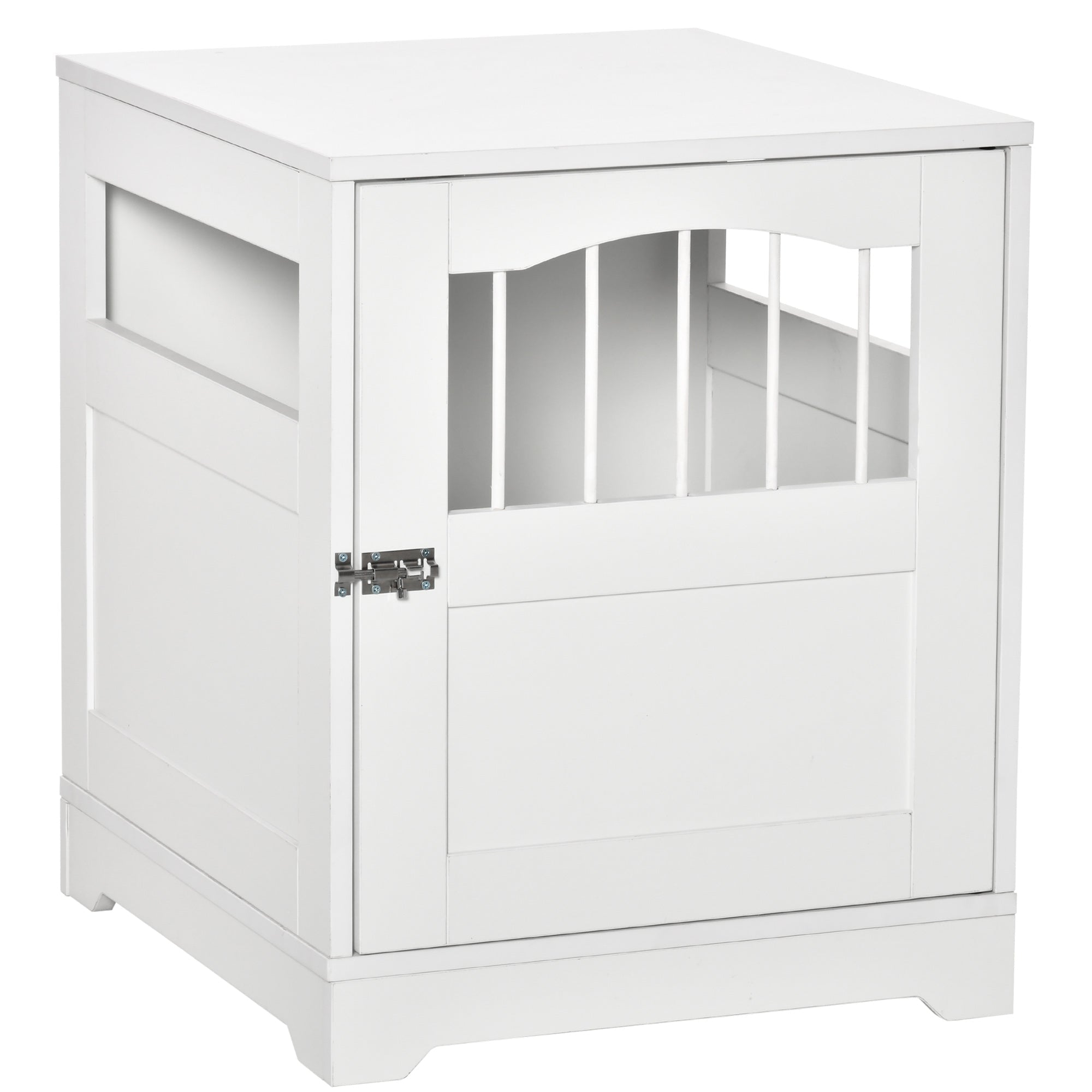Furniture Stylish Dog Kennel, Wooden & Wire End Table with Cushion & Lockable Door, Miniature Size Pet Crate Indoor Puppy Cage, White