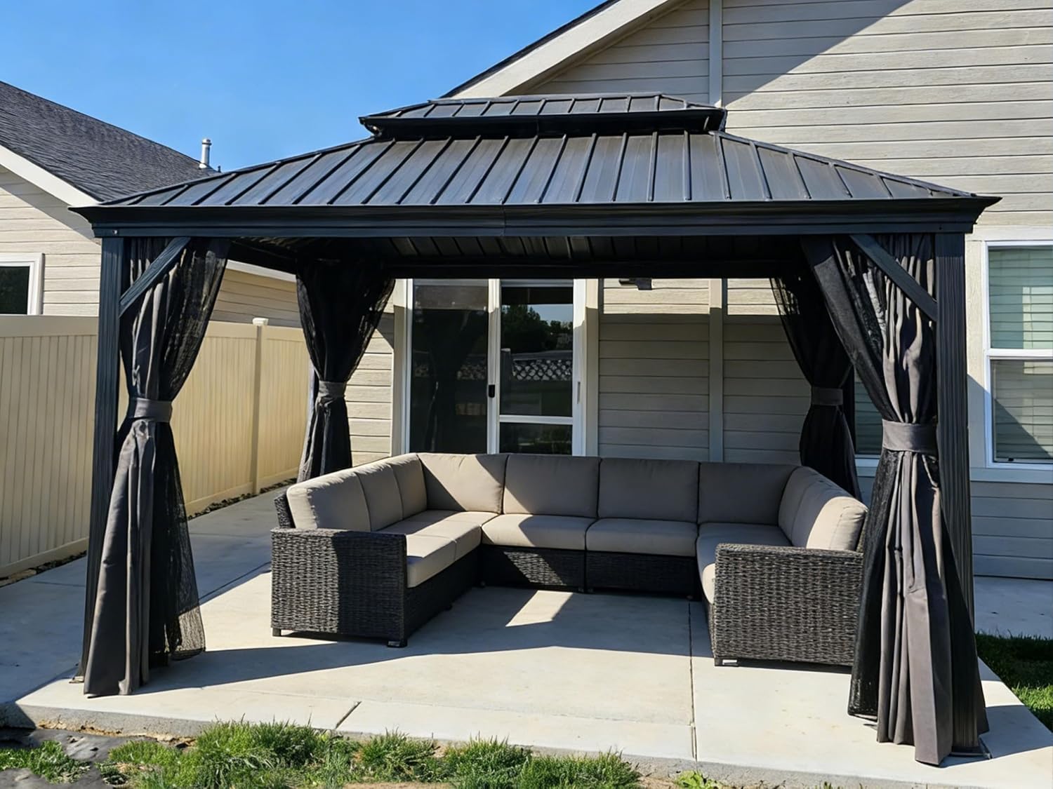 Gazebo 10? X 14? Built-in Drainage System, Gray | 4.7? Thick Post, Built in Drainage, Windproof Cool Breeze, Snowproof & Rustproof, 260 GSM Textilene Netting, Fit Any Yard