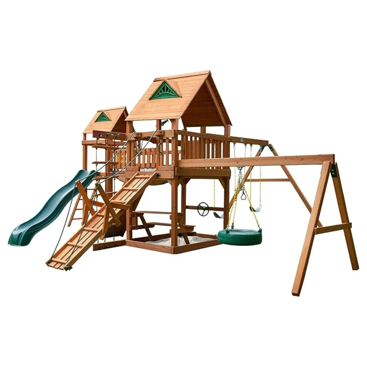 Gorilla Playsets Pioneer Peak Treehouse Wooden Swing Set with Clatter Bridge & Tire Swing