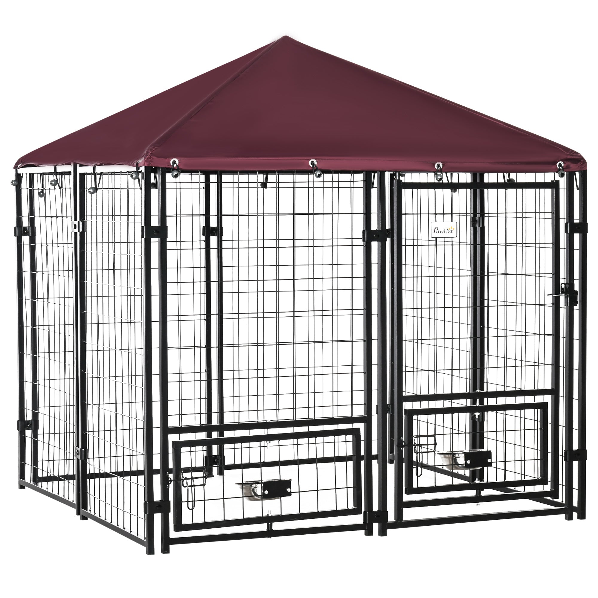 Indoor/Outdoor Metal Dog Kennel, Dog House with Lock, Weather Resistant Canopy and 2 Bowl Holders and Bowls, 4.6' x 4.6' x 5', Black / Red