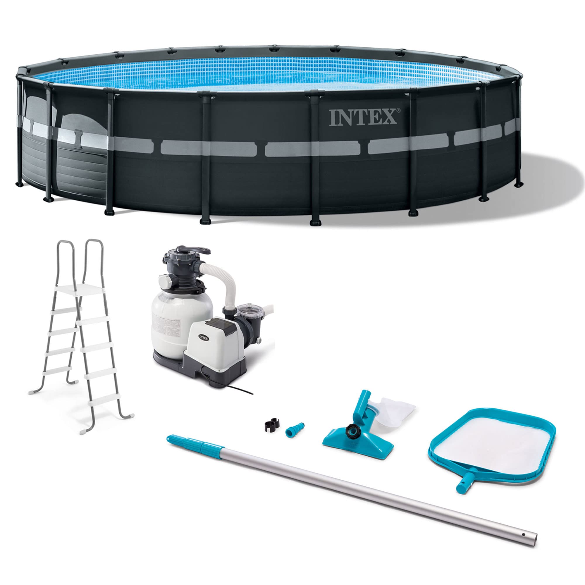 Intex Ultra XTR Frame 18′ x 52″ Above Ground Swimming Pool with Sand Filter Pump, Ladder, Cover, 038; Maintenance Accessory Kit with Vacuum and Skimmer