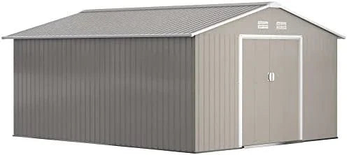 Outsunny 11′ x 13′ Outdoor Storage Shed, Garden Tool Metal Shed with Foundation Kit, Double Lockable Door, Air Vents and Slopings Roofs, for Backyard, Patio, Lawn, Light Grays