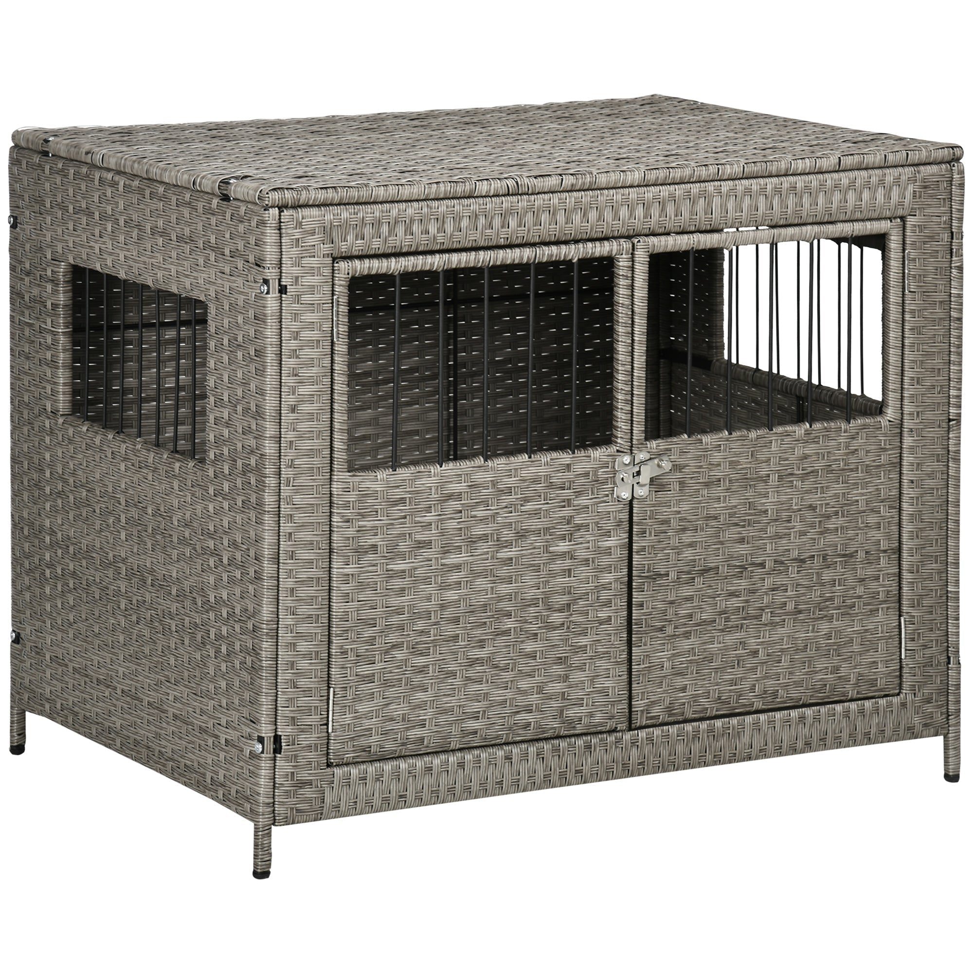 Rattan Dog Crate with Double Doors, Wicker Dog Cage with Soft Washable Cushion, Dog Kennel Furniture for Medium to Large Sized Dogs, Grey